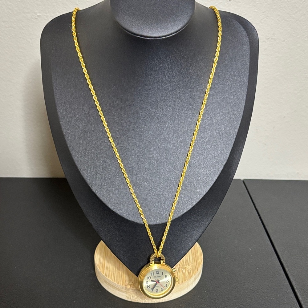Vtg Tel Time Watch Pendant Necklace Women 34mm Gold Tone Needs Battery
